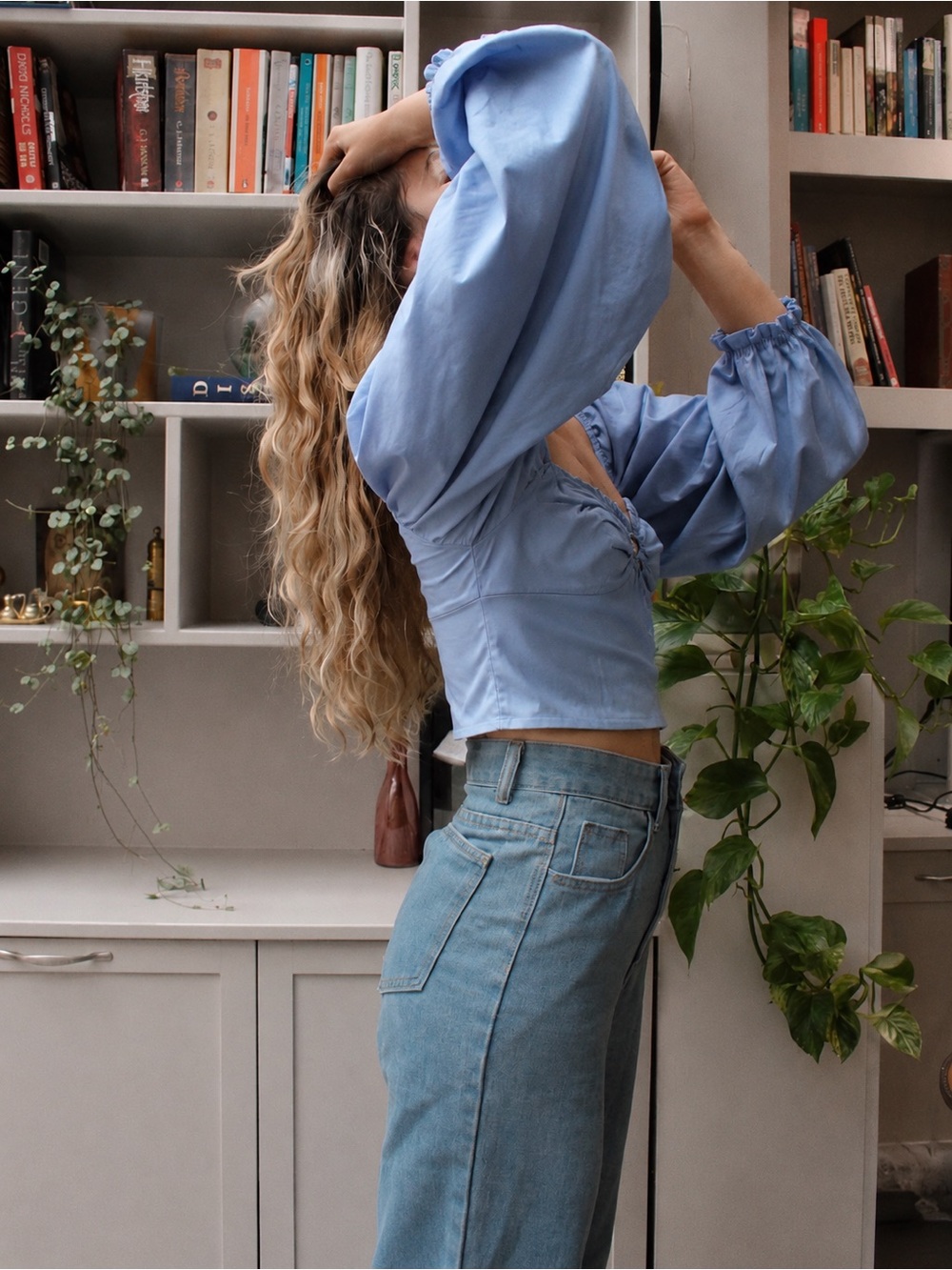Abercrombie & Fitch Light Blue Puff Sleeve Crop Top